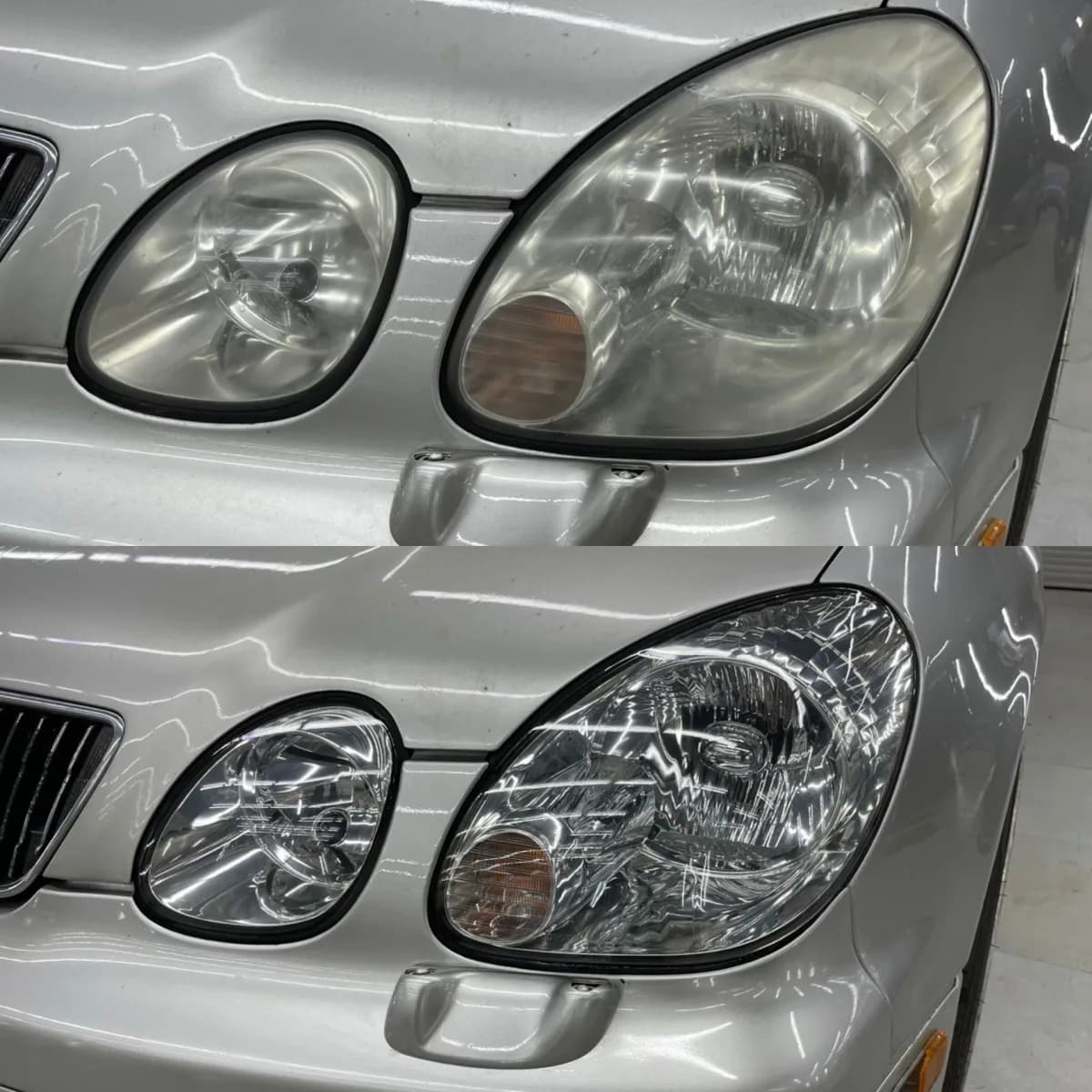 Мутные пожелтевшие стёкла фар до работы и прозрачные после замены